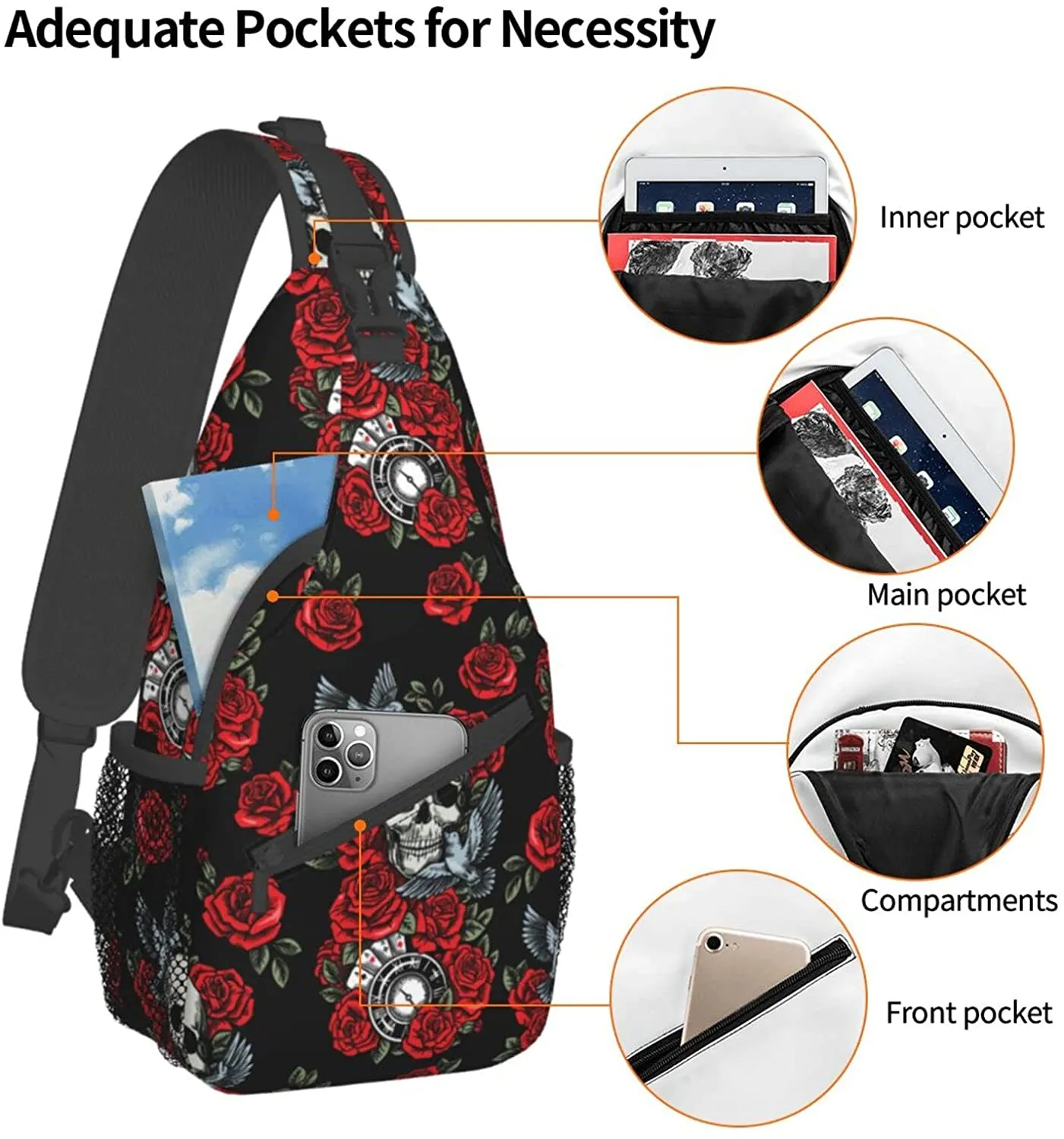 Gothic Skull Sling Bag Backpack Daypack Crossbody Shoulder Bag Made in US] Crossbody Chest Bag Hiking Backpack Victorian  main image 3
