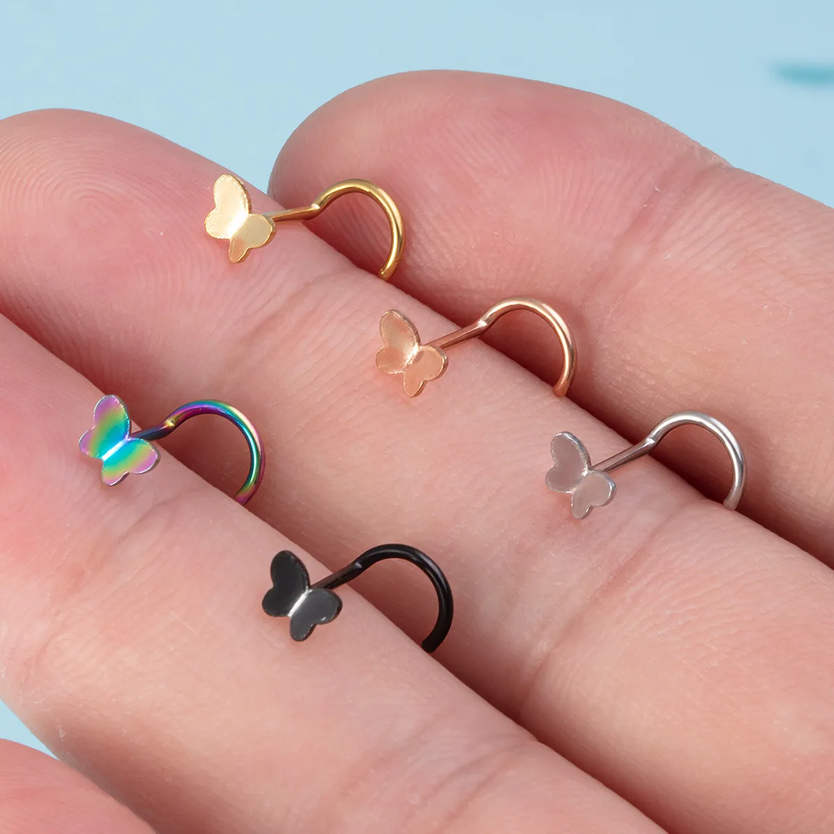 Pink Crystal Nose Piercing Set Bendable Spider Rings Twist Butterfly Studs Nariz Lot