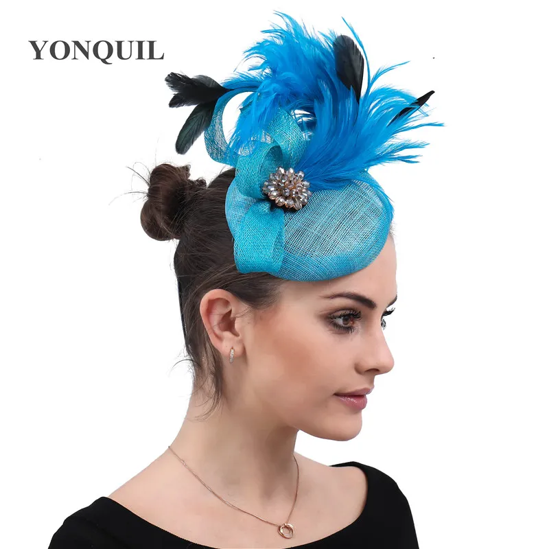 Turquoise Sinamay Women Feather Linen Headwear Approx 9.8 in  display picture 3