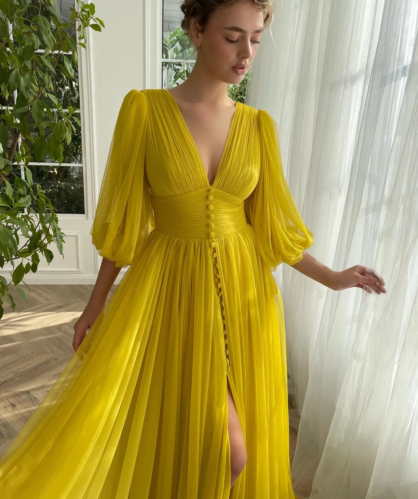 yellow formal dress with sleeves Yellow Beaded Lace Satin Prom Dresses Long Sleeve V-Neck Formal Dress 24515 Yellow / US14 main image 1