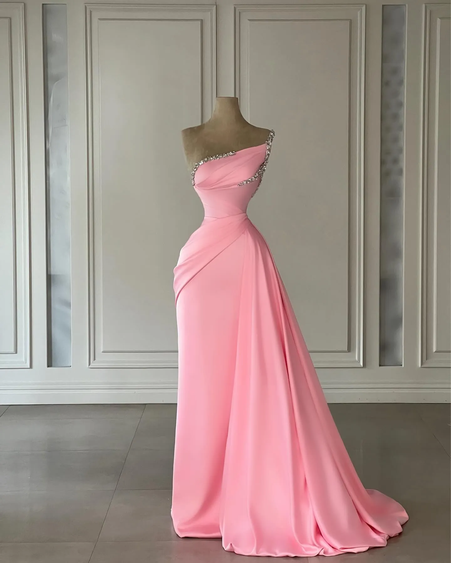 Pink Satin Sheath Spaghetti Straps Prom Dress With Detachable Train Pink Satin Sheath Spaghetti Straps Prom Dress With Detachable Train