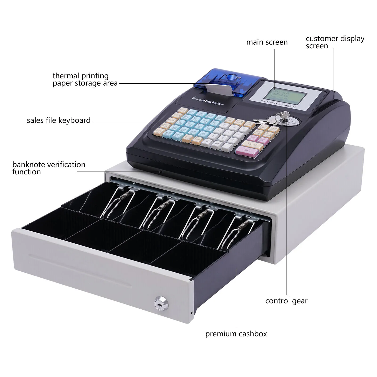 thumbnail image 2 of SENDERPICK 48-Key Electronic Cash Register With LED Display And Cash Drawer – 3-Year Warranty 2 of 6