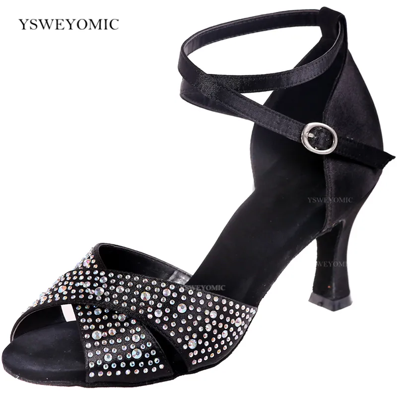 Rhinestones Dance Shoes Salsa Latin Sandals Comfort Insole Suede Outsole indoor Trainning Meduim Heel Latin Salsa Dance Shoes