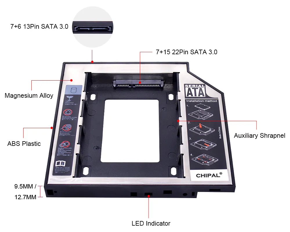 CHIPAL Universal SATA 3.0 LED 2nd HDD Caddy 9.5mm 12.7mm for 2.5" 2TB SSD Case Hard Disk Enclosure for Laptop CD-ROM DVD-ROM