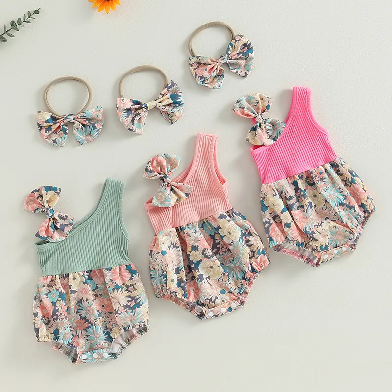 Summer Outfits Floral One Shoulder Romper With Headband, Cute Baby
