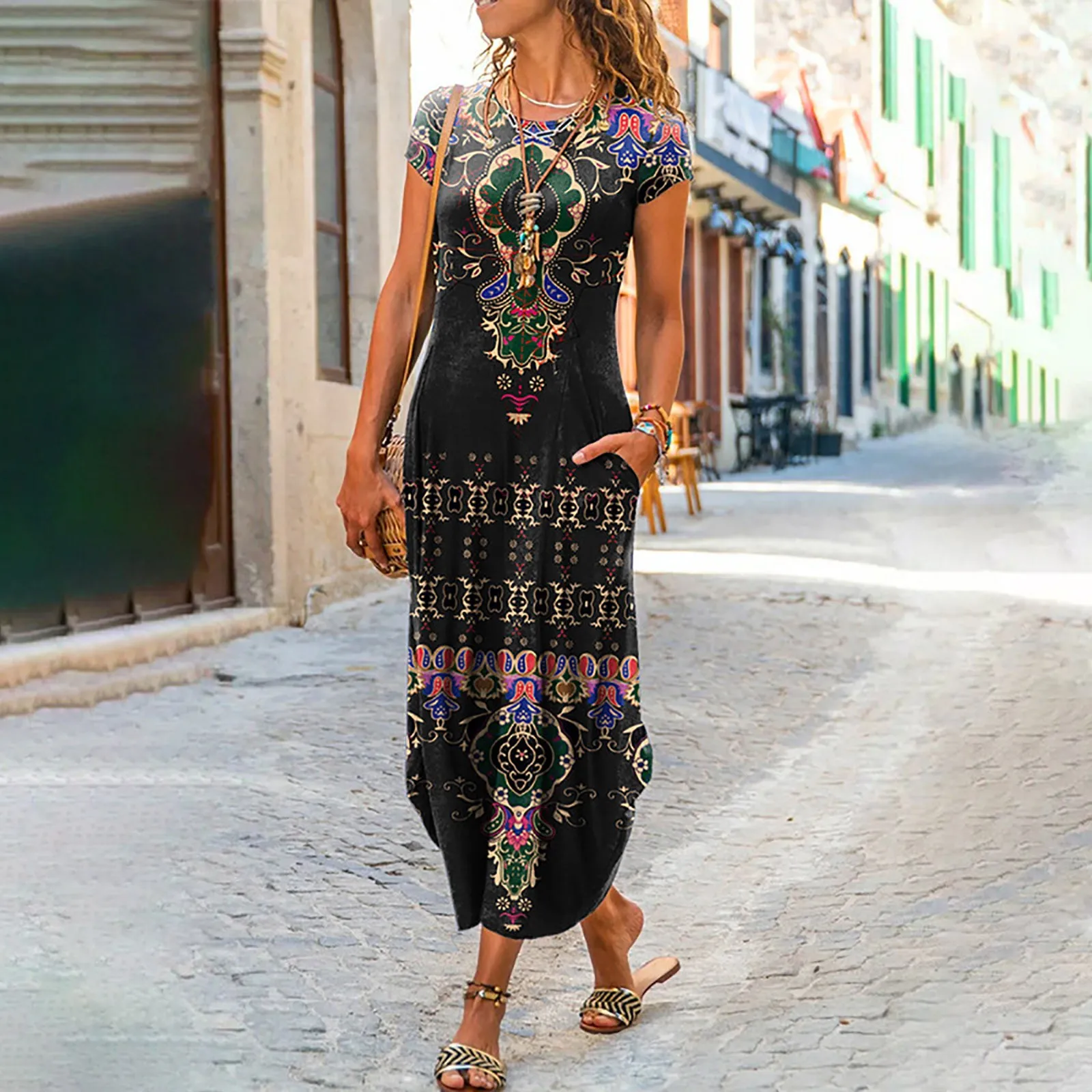 Soft Crewneck Short Sleeve Knee Length Lace Dress With Pockets For