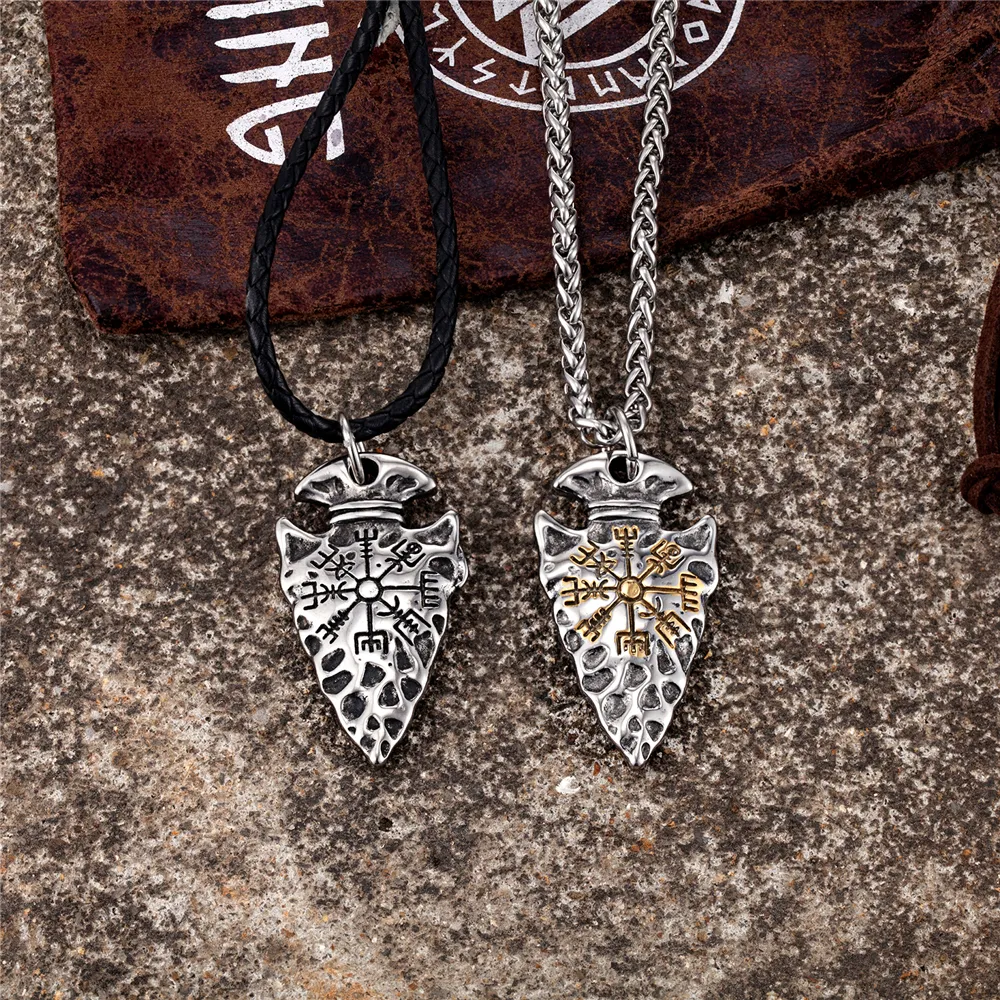 Save Big on Bulk Norse Compass Necklace Men Viking Shield Compass Necklace  Double Sided Gold Color Norse Spear Pendant Thors Hammer Vegvisir Amulet