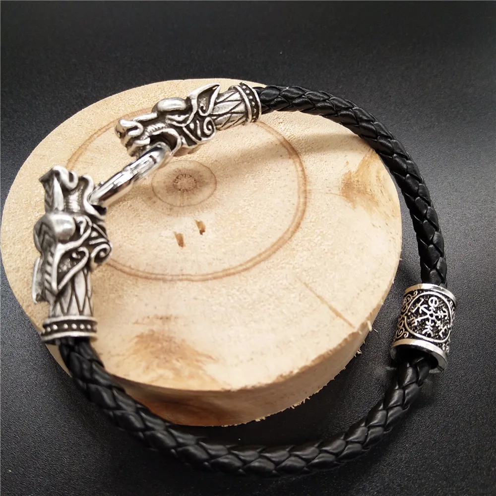 Norse Wolf Head Viking Bracelet DIY Runic Beads Leather Jewelry Men Women Dropshipping