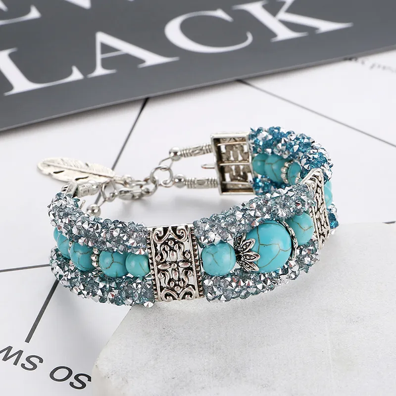 Bohemian Blue Stone Beaded Rhinestone Bracelets For Women Retro