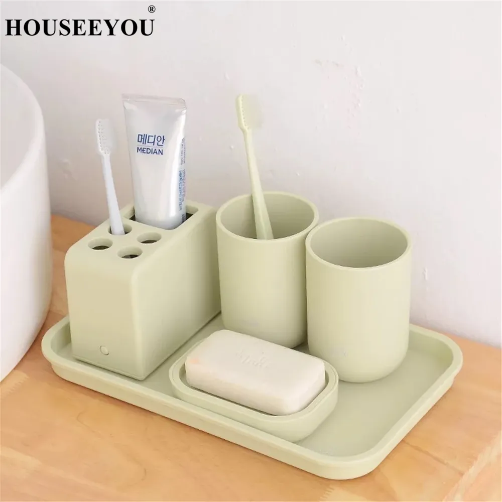 Badezimmer 6-teiliges Set Grau - Bambus Mülleimer Mit Toilettenbürste & Seifenspender