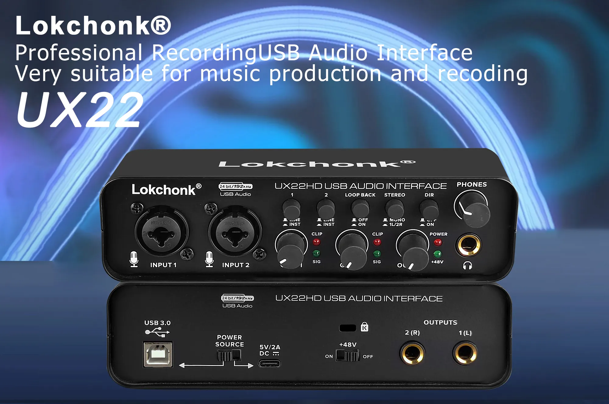 2i2 USB Audio Interface - 2 Inputs, 4 Outputs, 48V Phantom Power, 24Bit/192kHz - For Recording, Podcasting, Streaming