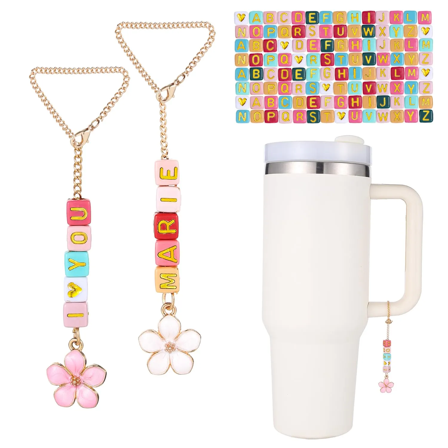 2PCS Heart Shaped Letter Chain For Stanley Cup - Personalized Name ID Charm Accessories For Tumbler Handle