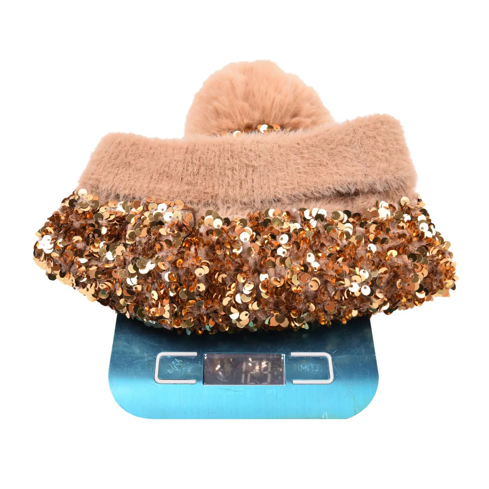 Shiny Sequin Knitted Beanie Hat with Soft Removable Faux Fur  display picture 1