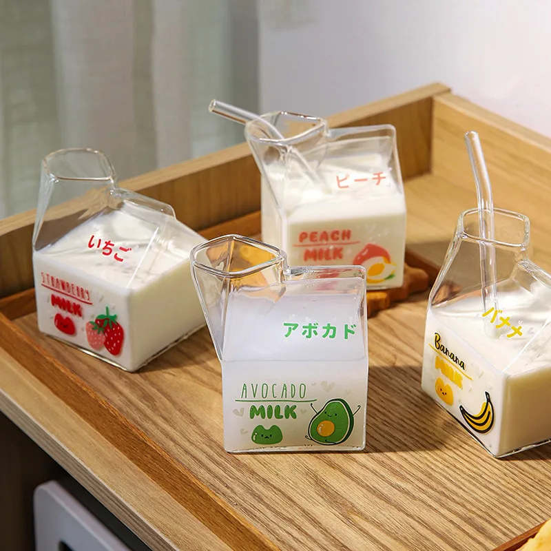 Suuyar Kawaii Square Milk Carton Glass Cup Cute Strawberry Creative Breakfast Cup For Home - View #2