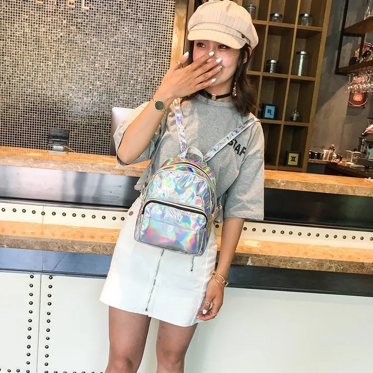 holigraphic mini backpacks Iridescent Silver Rainbow Prism Backpack Bag Aura In Pink Inc MADISON & DAKOTA Holographic Dance