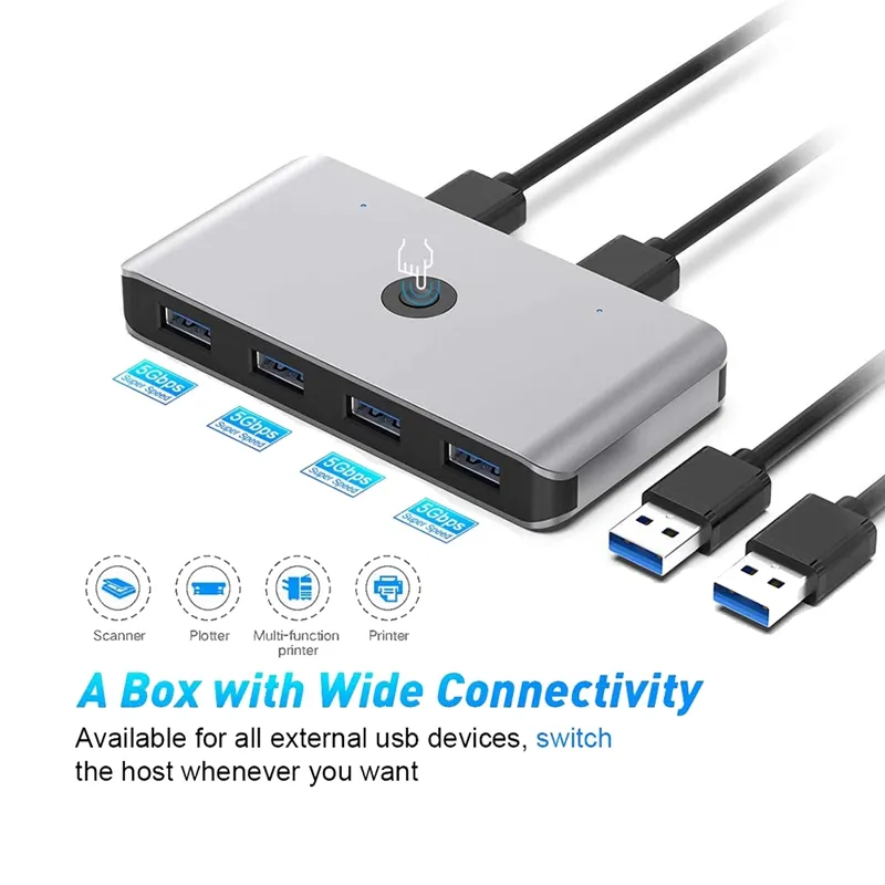 USB 3.0 KVM Switch Selector, 2 Computers Sharing 4 USB Devices USB 3.0 Peripheral Switcher Box Hub Adapter