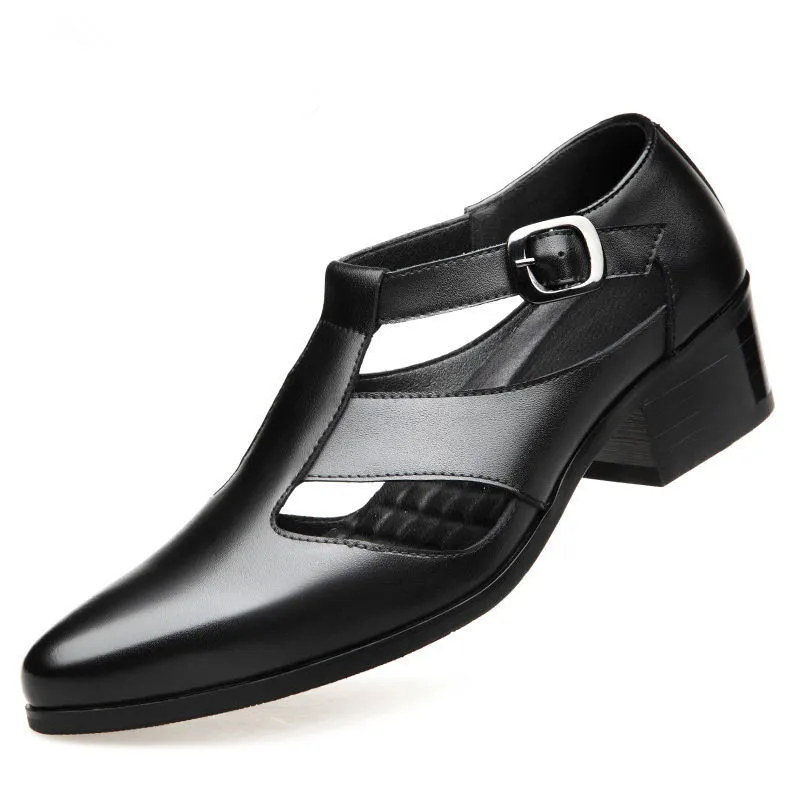 Trendy Men's Genuine Leather High Heel Dress formal sandals for men for Daily Business and Office Wear with Hollow Pointed Toe and Buckle Detail - Trendy Men's Genuine Leather High Heel Dress formal sandals for men for Daily Business and Office Wear with Hollow Pointed Toe and Buckle Detail -