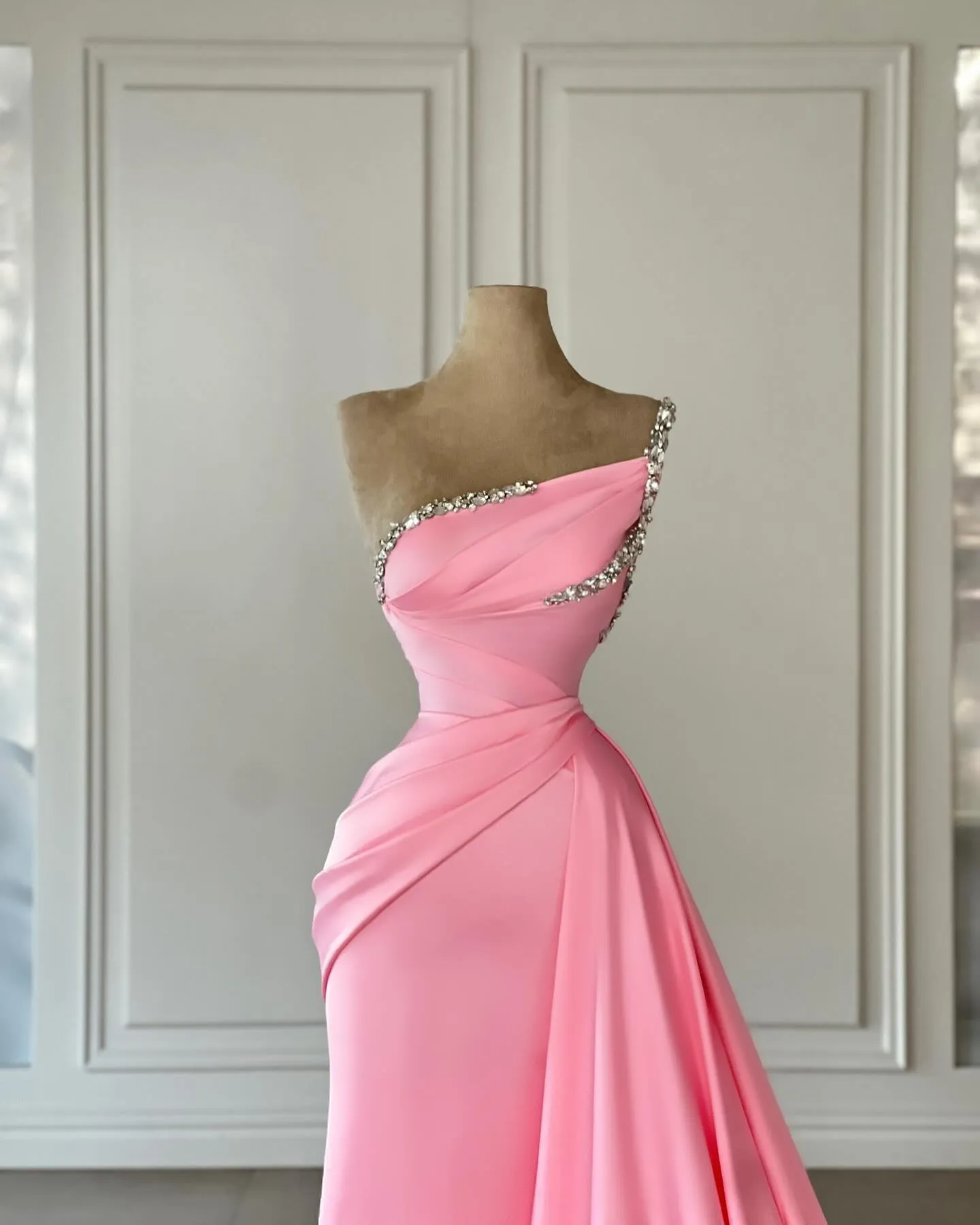 Pink Satin Sheath Spaghetti Straps Prom Dress With Detachable Train Pink Satin Sheath Spaghetti Straps Prom Dress With Detachable Train