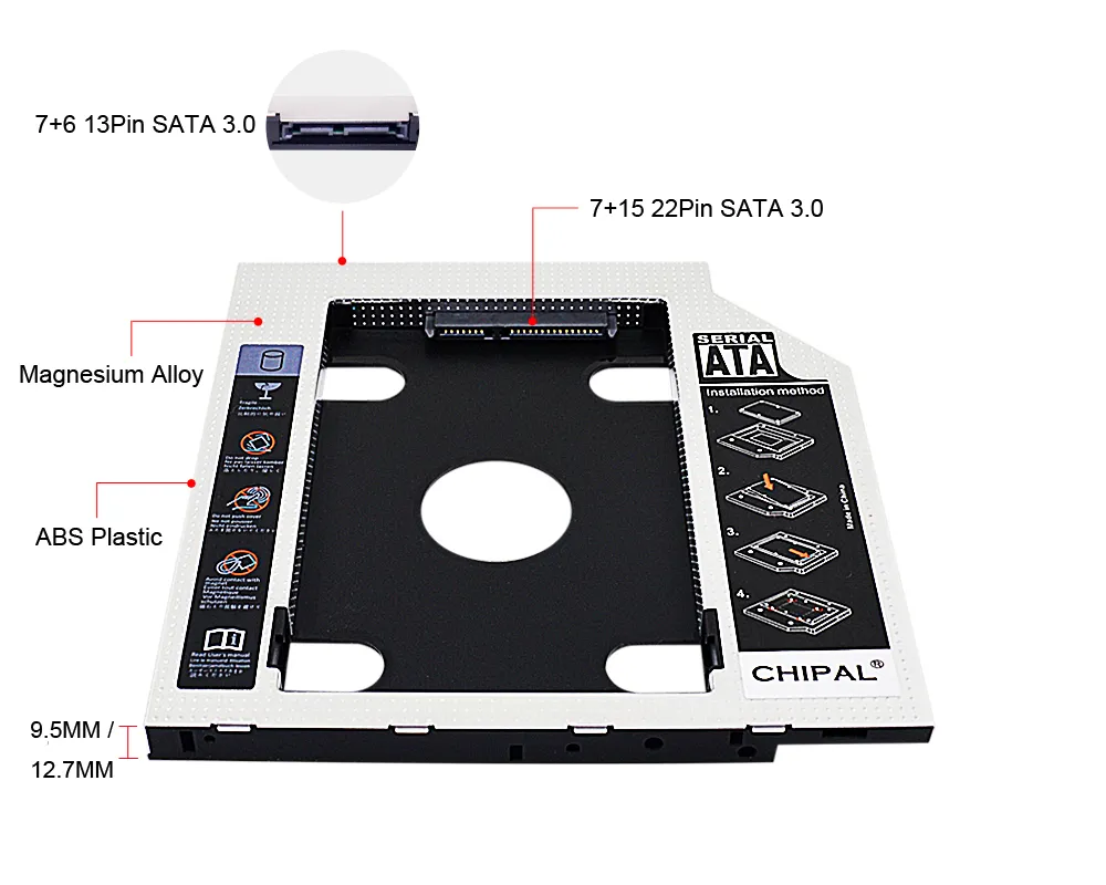 CHIPAL 2nd HDD Caddy 12.7mm 9.5mm 9mm SATA 3.0 for 2.5 Inch SSD Case Hard Disk Drive Adapter for Laptop ODD CD DVD ROM Optibay