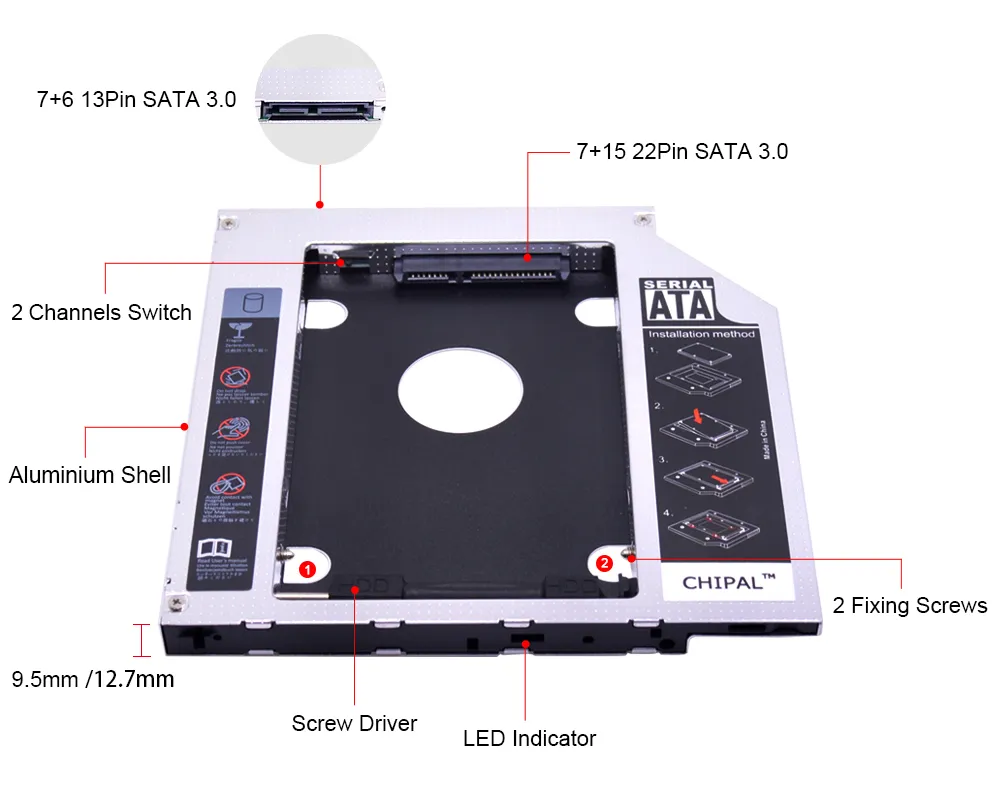 CHIPAL Universal SATA 3.0 LED 2nd HDD Caddy 9.5mm 12.7mm for 2.5" 2TB SSD Case Hard Disk Enclosure for Laptop CD-ROM DVD-ROM