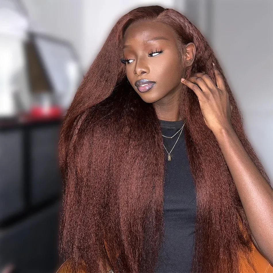 Dark Brown Kinky Straight 13x6 Lace Frontal Wig Remy Human  display picture 3
