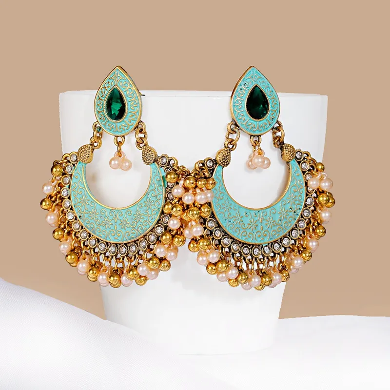 Turkish Eye Jewelry Green Carved Jhumka Earrings: Ethnic Retro