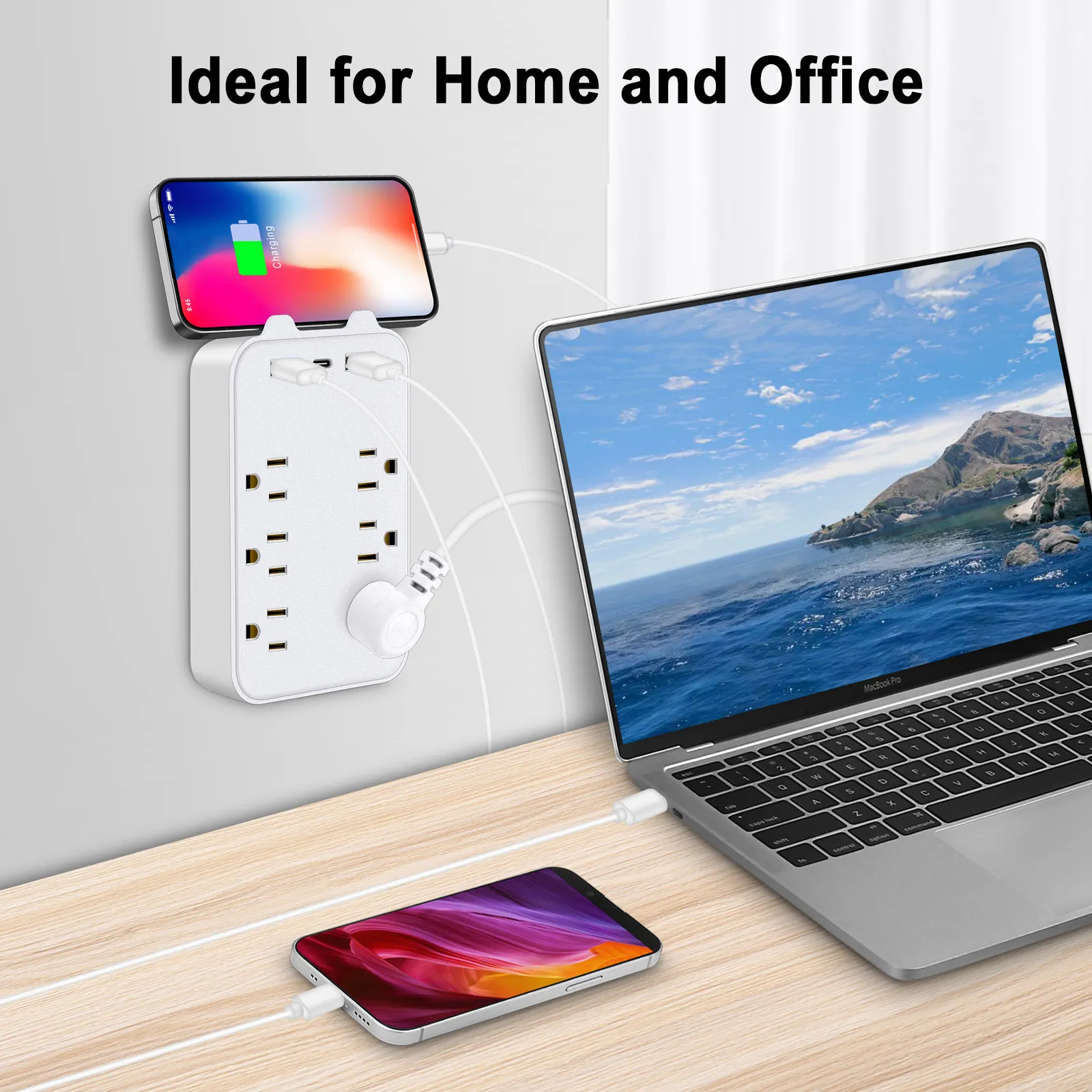 6 Outlet Wall Adapter Surge Protector With 2 USB Charging Ports - Fire Resistant