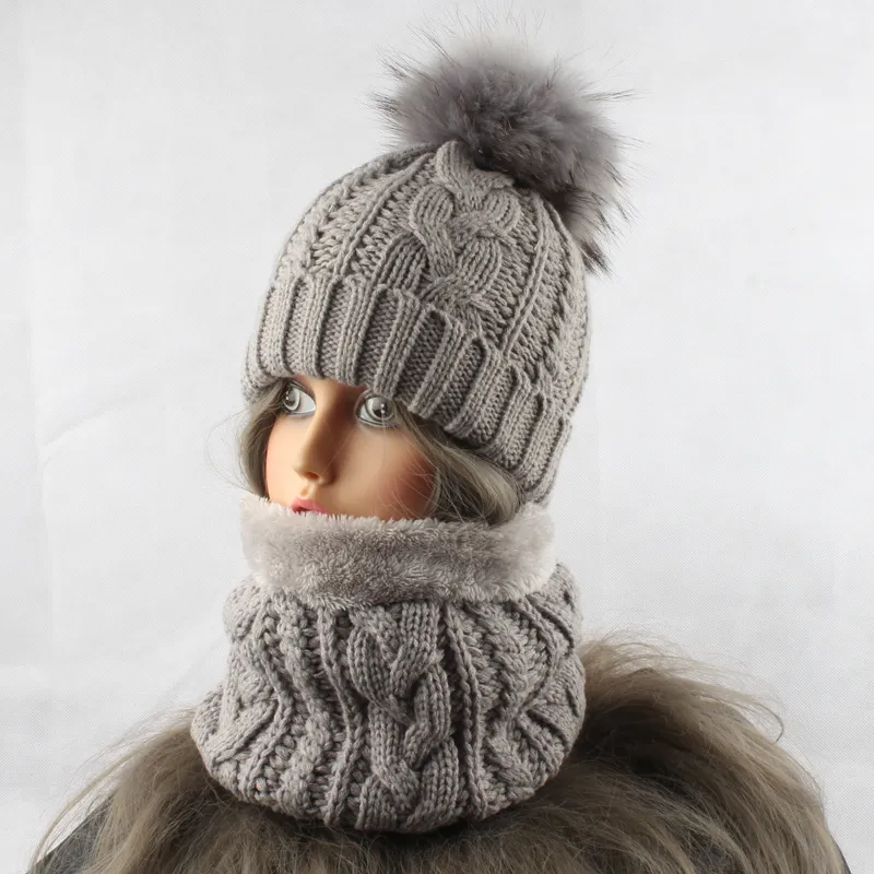 Wool Blend Knit Hat Scarf Set with Detachable Pom Pom Winter Beanie Long Scarf Kayla White Knit Scarf with Fur Pom Poms: Furhatworld.com main image 3