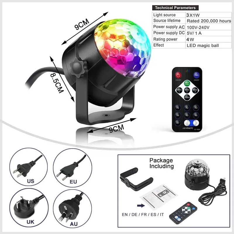Luditek 4-Pack USB Mini Disco Ball Light – Sound Activated Party Light With Adapters For Karaoke, Car, Christmas, Birthday