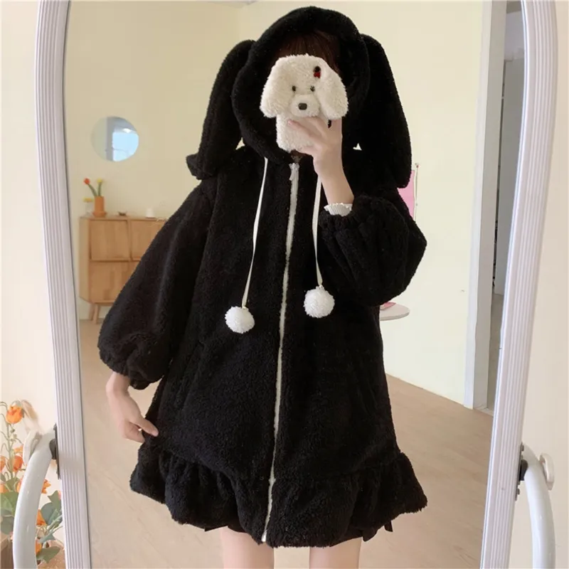 Harajuku Kawaii Bunny Ears Fuzzy Hooded fluffy jacket womens for 