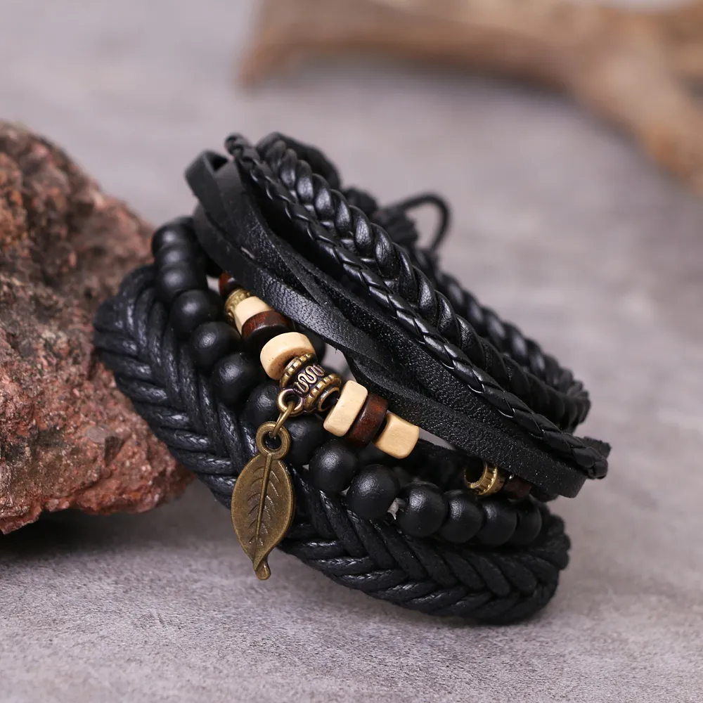 Mens Adjustable Leather Woven Bracelets Set of Vintage Gothic