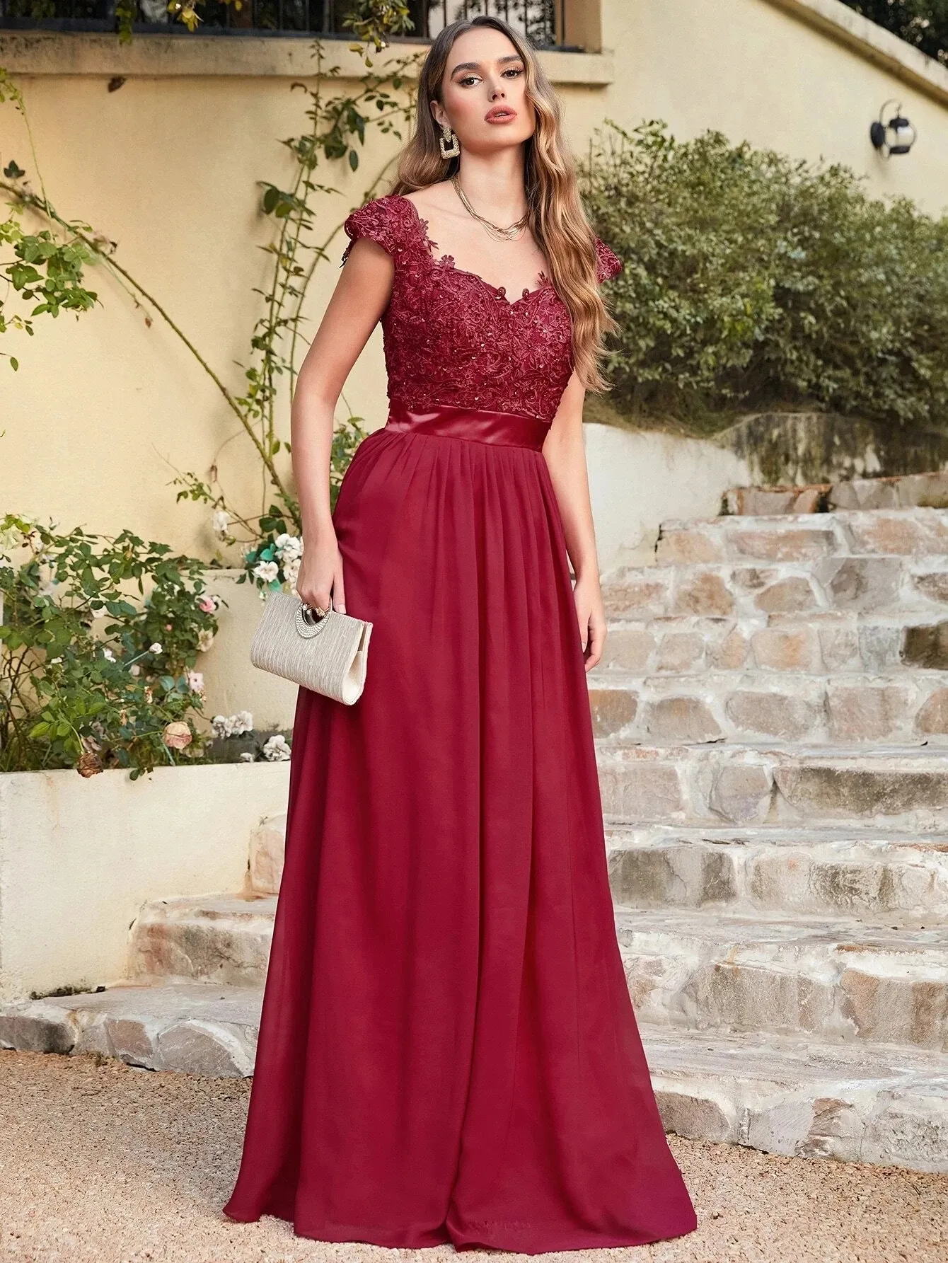 Red Chiffon A-Line Evening Dress with Beaded Lace Appliques and Cap Sleeves  for Formal Occasions from Dhgate Evening Dresses - price 118.5