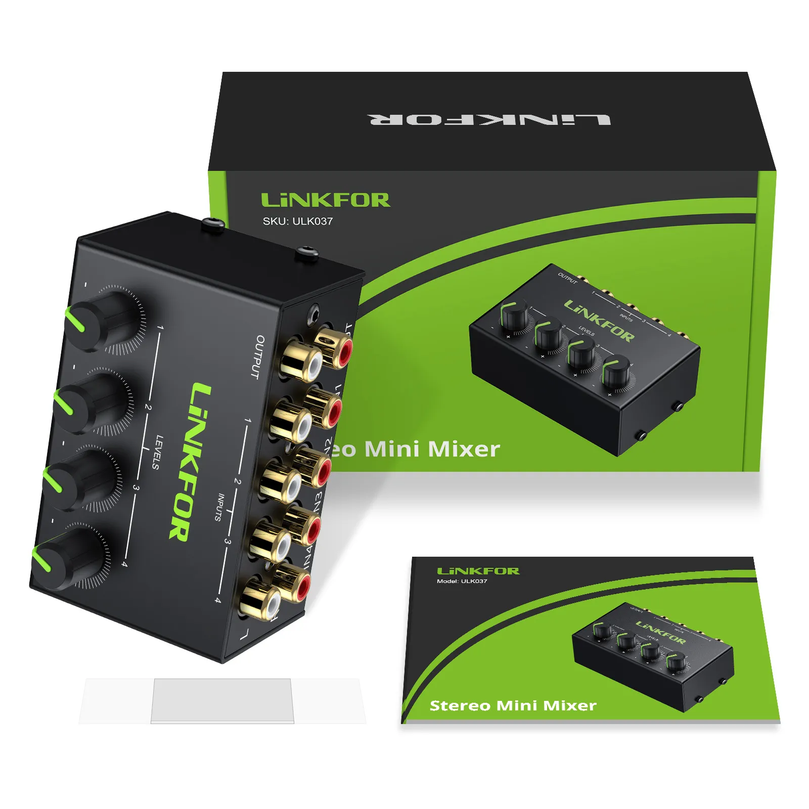 Mini Mixeur Audio Stéréo 4 Canaux - Réglage Volume/Bass/Treble, Entrées/sortie 3.5mm, Alimentation 5-12V - 11