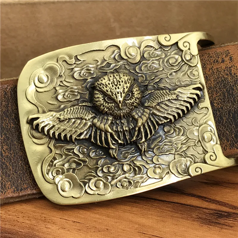 Cowboy Leather Belts Yellow Brass Owl Buckle Mens... From  display picture 2