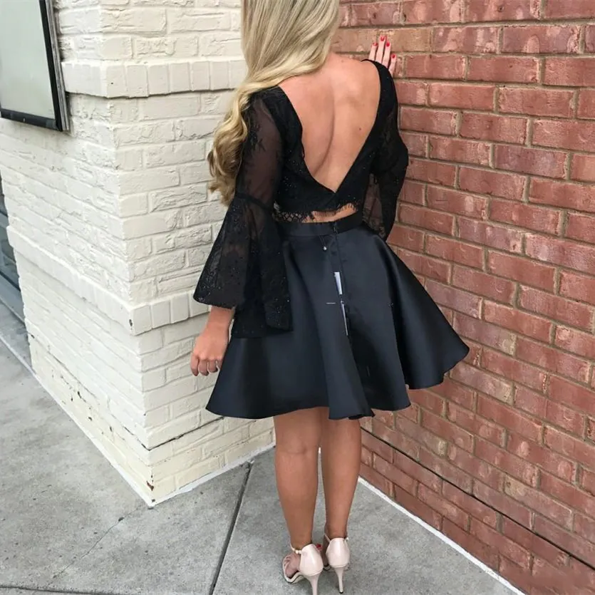 knee length dresses for ladies Long Sleeves V Neck Layered Black Lace Short Prom Homecoming Dresses, – Lwt  Dress