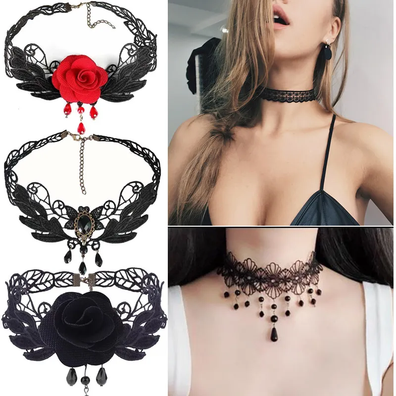 Black Lace Gothic Choker Necklace for Women's Wedding Jewelry