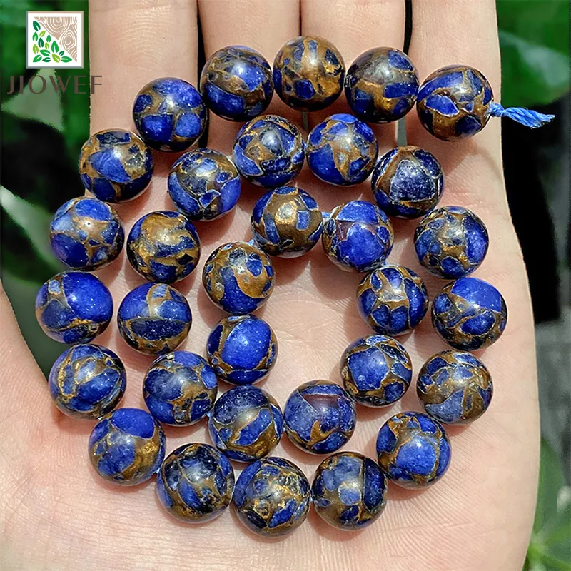 Natural Stone Beads Blue/Gold Cloisonne Round Gemstone Beads for