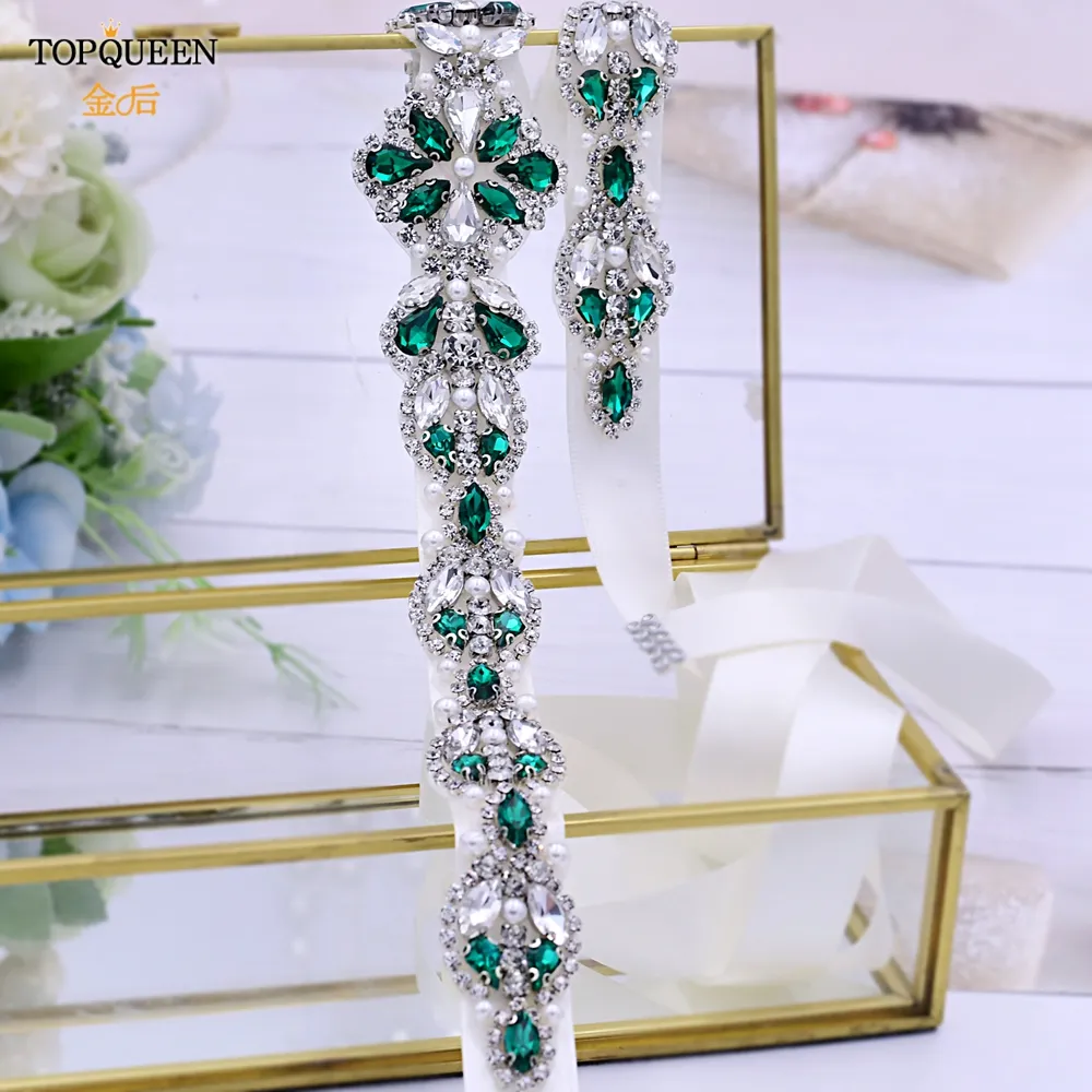 green dress belt V-Neck A-line Dark Green Bridesmaid Dress Rhinestone Waist Belt main image 0