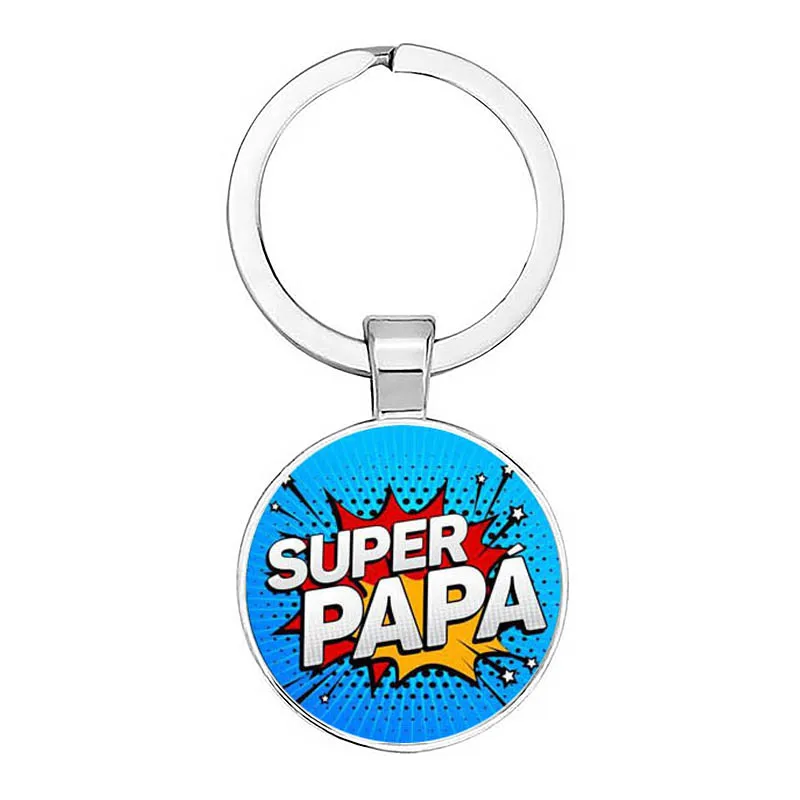 BTWGL Super Papa Keychain Convex Glass Pendant Round Zinc Alloy
