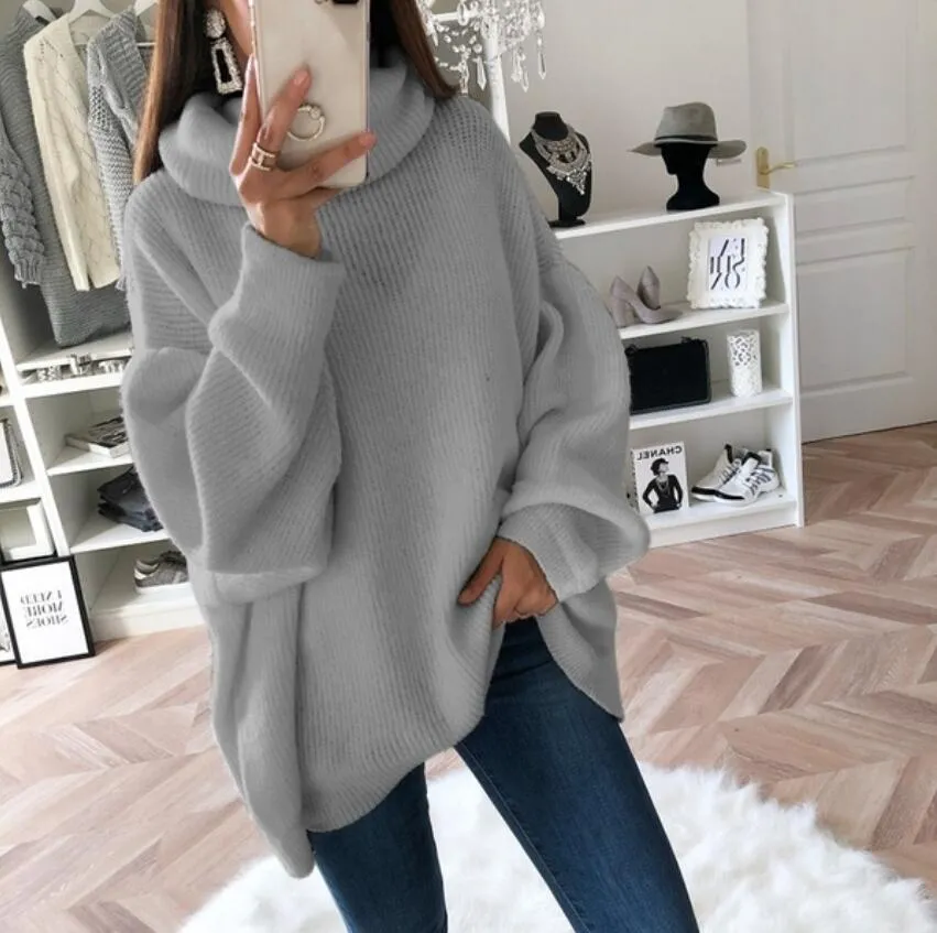 Women long sleeve turtleneck knitted sweater pull femme oversized sweater fall 2020 white pink brown sweaters for women
