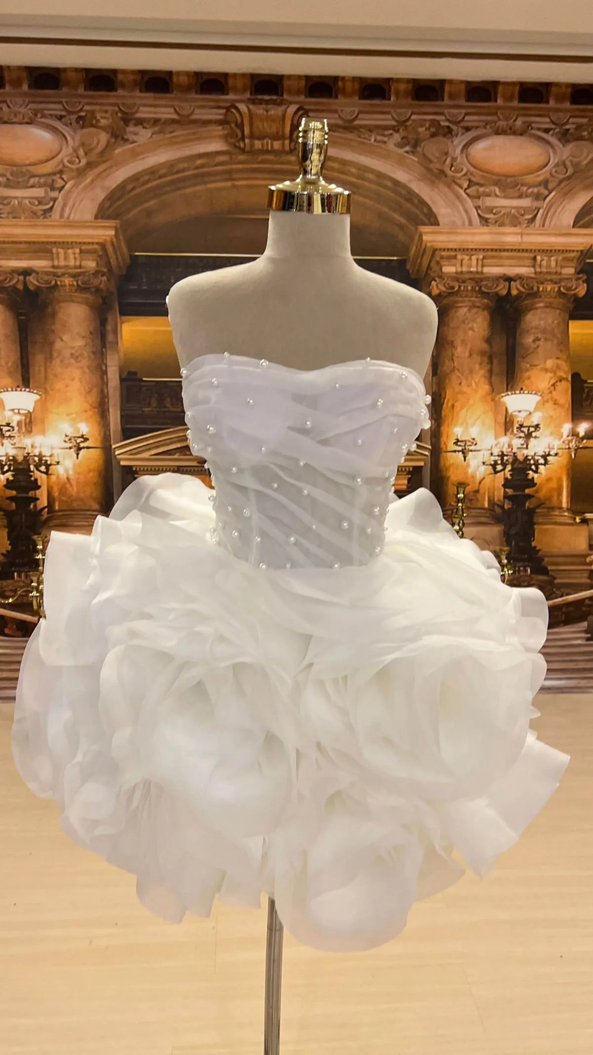 Bohemian Pearls Mini Layered Wedding Dress with Strapless Beading and Tiered Train