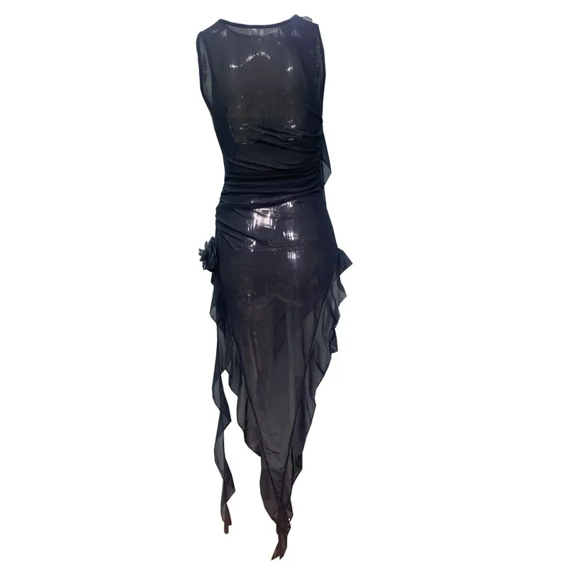 knee length dresses for ladies Rave Fairycore Festival Fairy Metallic Sequined Mesh Handkerchief Dress  Club Exx