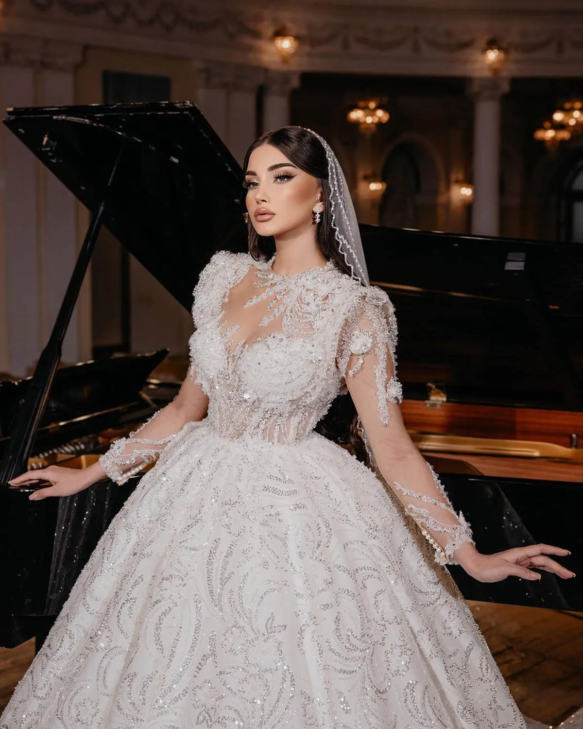 Custom-made Sequin Applique A-Line sparkly wedding dress with High Collar and Long Sleeves