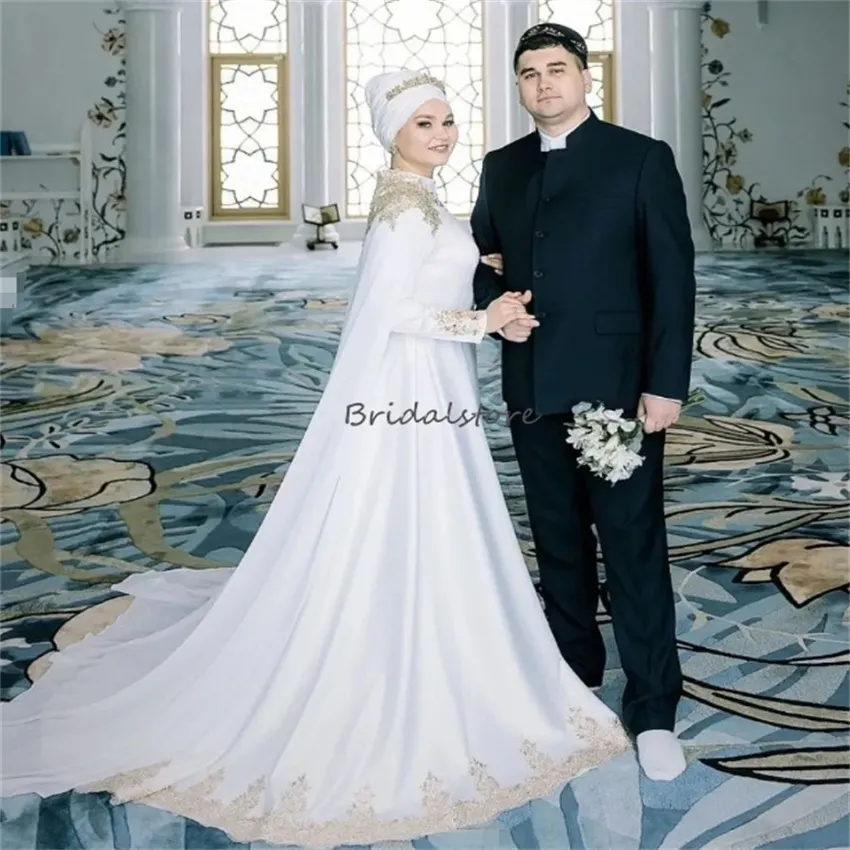 Elegant White Wedding Gown with Gold Appliques and Cape - Long Sleeve Chiffon Church Bridal Gown from Dubai's Medieval Arabic and Grecian Sources