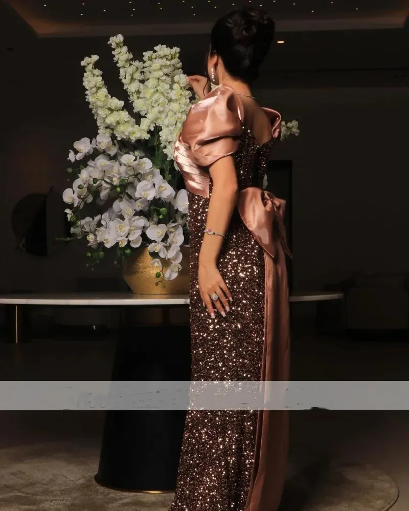 Sparkly Rose Gold Sequin Mermaid Dress Short Sleeve Backless Evening Gown  With Big Bow Formal Party Prom Vestidos De Novia From Babynice666, $157.63  | DHgate.Com, image size:800x998