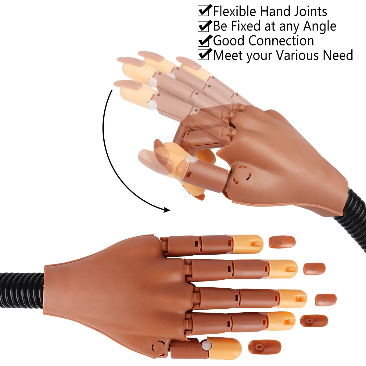 Nail Art Practice Hand With 100 Acrylic Nail Tips – Flexible, Stainless Steel Handle