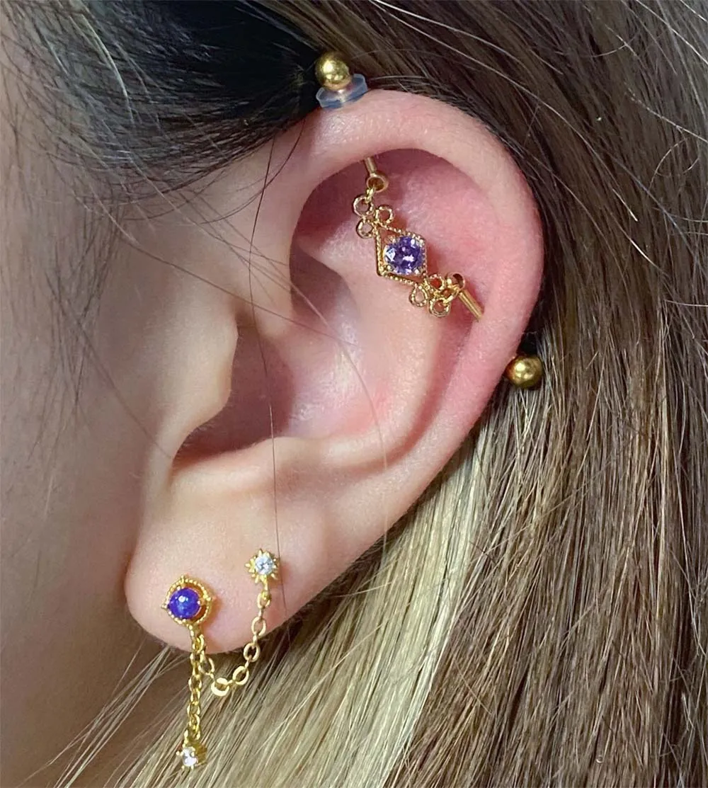 1PC Gold Industrial Barbell, Piercing Bar Helix Earring, Cartilage Double  Hole Body Jewelry