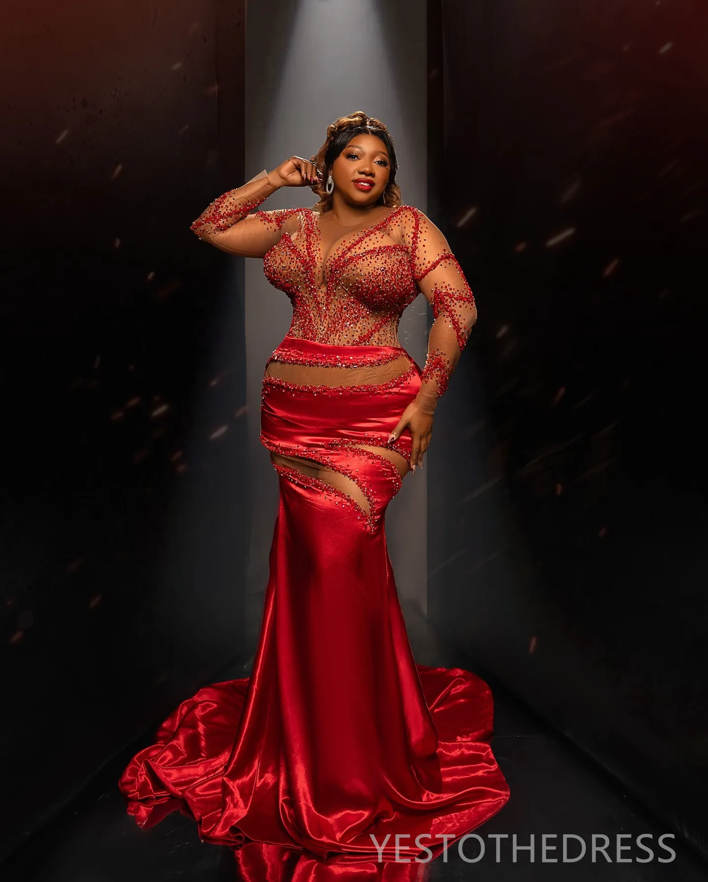 plus size red satin dress ZAPAKA Women Burgundy Plus Size Long Prom Dress with Slit Mermaid Sequins Spaghetti Straps Appliqued Evening Party Dress, Burgundy / US22W