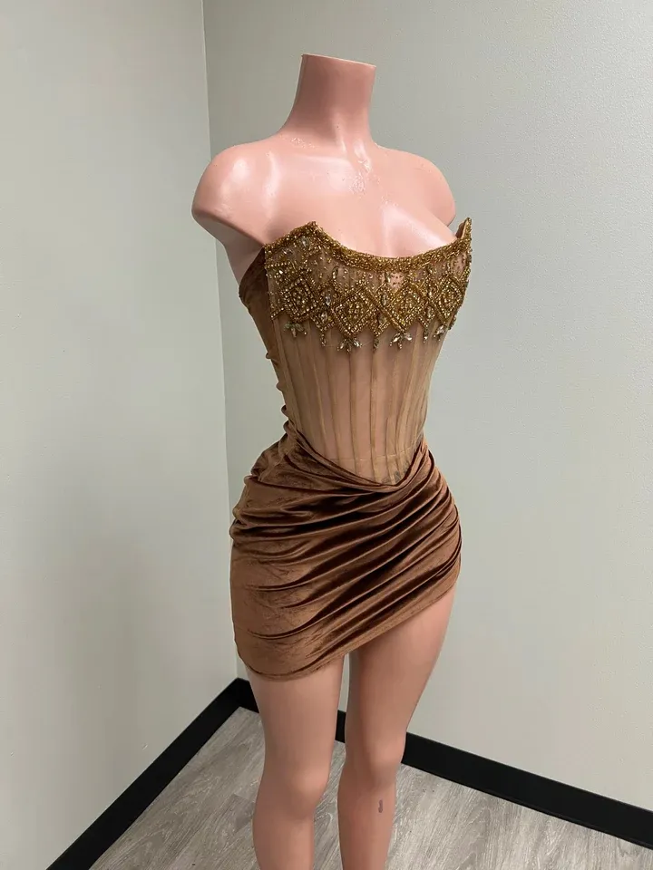 Sheer Brown Crystal prom dress stores for Black Girls - See-Through Cocktail Gown for Birthday Parties, Homecoming, and African American Cocktails Sheer Brown Crystal prom dress stores for Black Girls - See-Through Cocktail Gown for Birthday Parties, Homecoming, and African American Cocktails