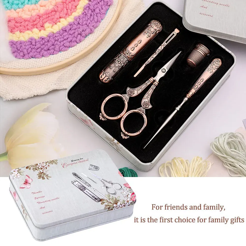 Vintage Embroidery Scissors Set – European-Style Small Scissors With Thimble & Tassel For Sewing & Crafts